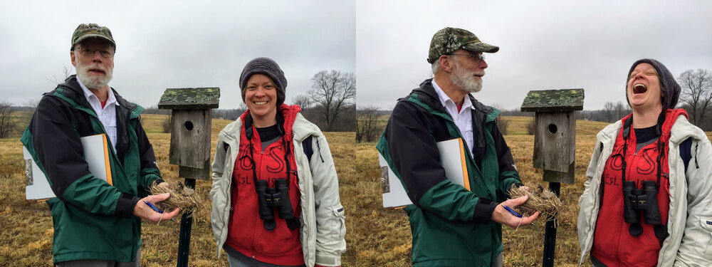 Two photos of John Barber and Dr. Laura Roketenetz wearing jackets and hats while standing next to a bird box. John Barber holds a nest in his hands.